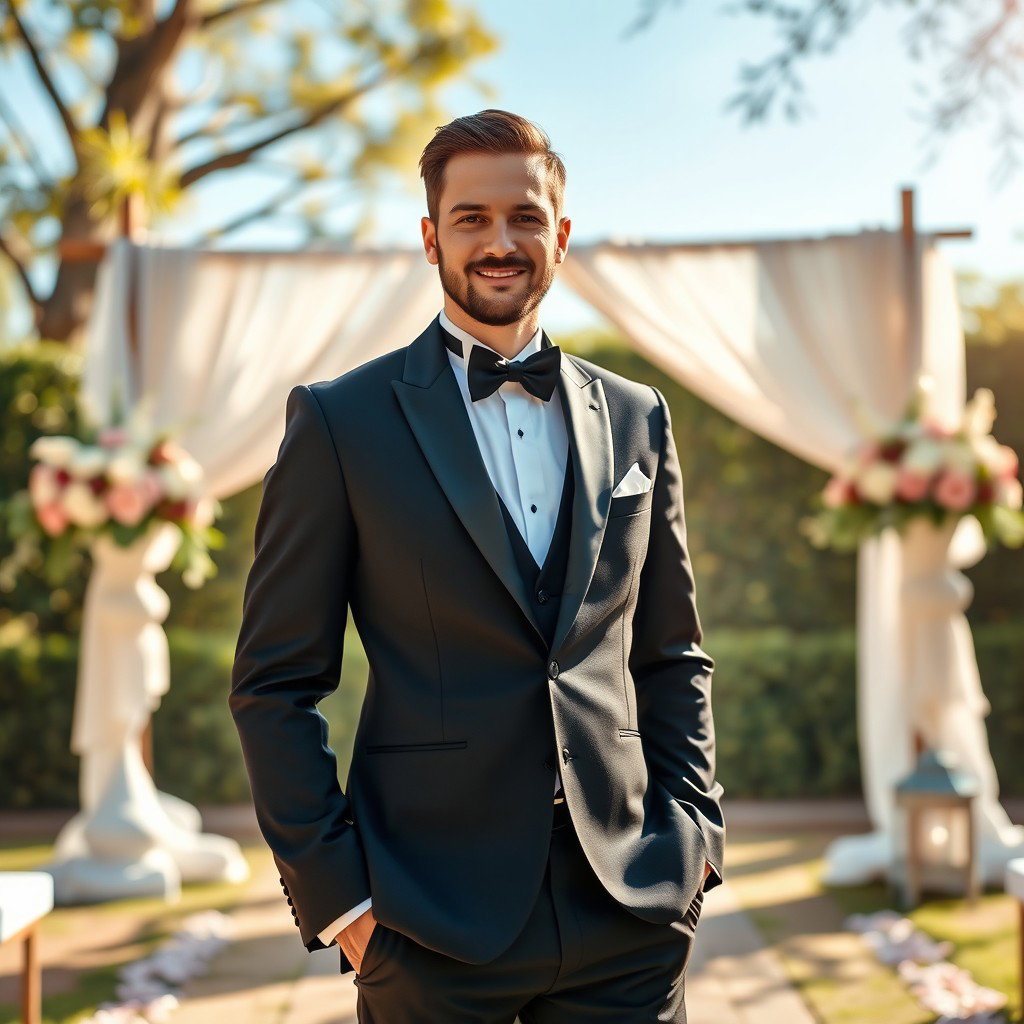 A stylish and elegant groom standing confidently at an outdoor wedding venue, wearing a tailored black tuxedo with a black bow tie, crisp white dress shirt, and polished dress shoes