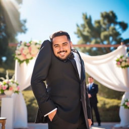 A stylish and elegant groom standing confidently at an outdoor wedding venue, wearing a tailored black tuxedo with a black bow tie, crisp white dress shirt, and polished dress shoes