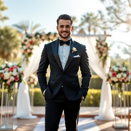 A stylish and elegant groom standing confidently at an outdoor wedding venue, wearing a tailored black tuxedo with a black bow tie, crisp white dress shirt, and polished dress shoes