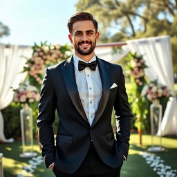 A stylish and elegant groom standing confidently at an outdoor wedding venue, wearing a tailored black tuxedo with a black bow tie, crisp white dress shirt, and polished dress shoes