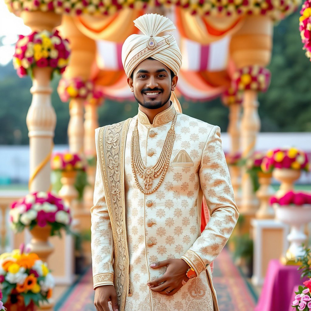 An elegant Indian groom wearing a traditional royal wedding outfit, an intricately embroidered cream sherwani adorned with gold accents and a matching turban