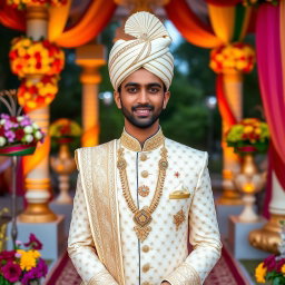 An elegant Indian groom wearing a traditional royal wedding outfit, an intricately embroidered cream sherwani adorned with gold accents and a matching turban