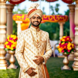 An elegant Indian groom wearing a traditional royal wedding outfit, an intricately embroidered cream sherwani adorned with gold accents and a matching turban