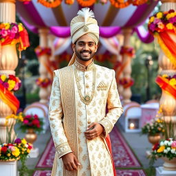 An elegant Indian groom wearing a traditional royal wedding outfit, an intricately embroidered cream sherwani adorned with gold accents and a matching turban