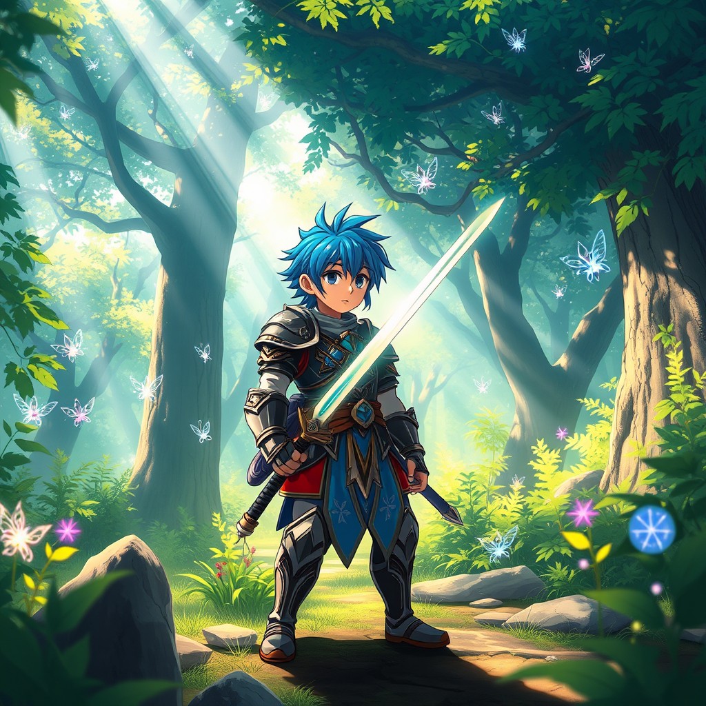 a vibrant anime scene featuring a young warrior standing in a lush, enchanted forest, with rays of sunlight filtering through the leaves, highlighting their intricately designed armor