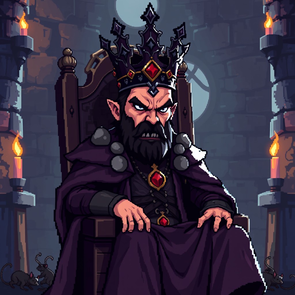 A pixel art style digital illustration featuring a bad king character