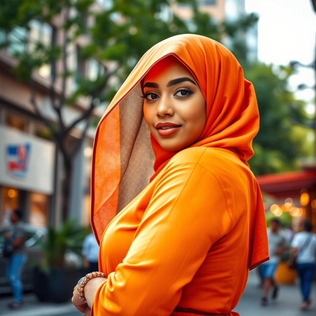 A stylish and confident young woman wearing a colorful hijab that gracefully frames her face