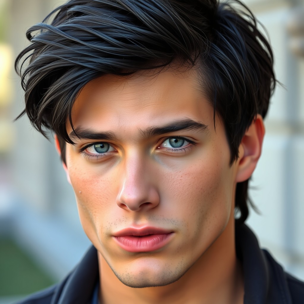 A handsome young man featuring striking black hair and captivating grey eyes