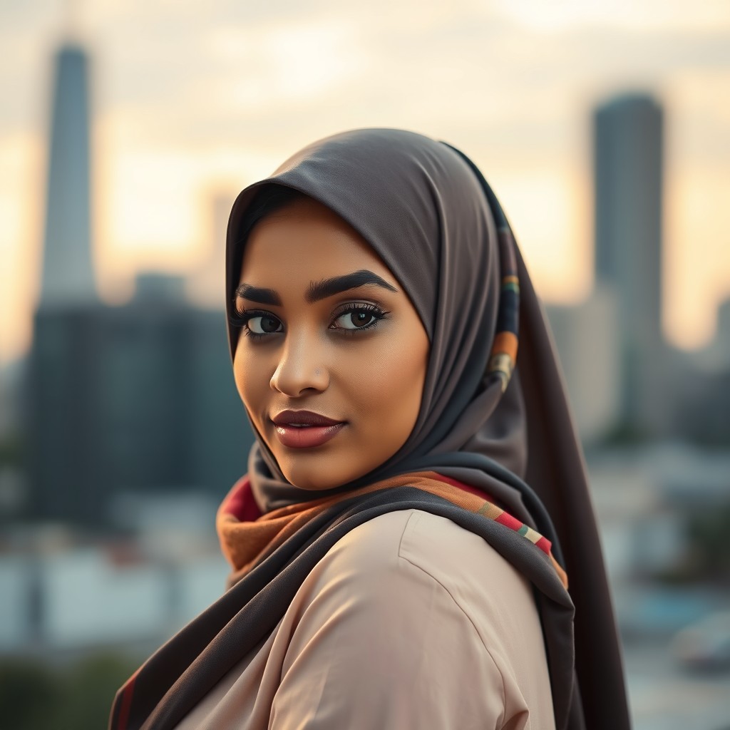 A beautiful Muslim woman wearing a colorful hijab that elegantly drapes over her shoulders
