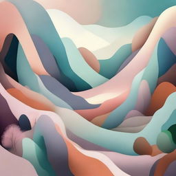 Abstract representation of a nature scene, merging unusual colors and shapes to portray a unique, dreamlike natural landscape.