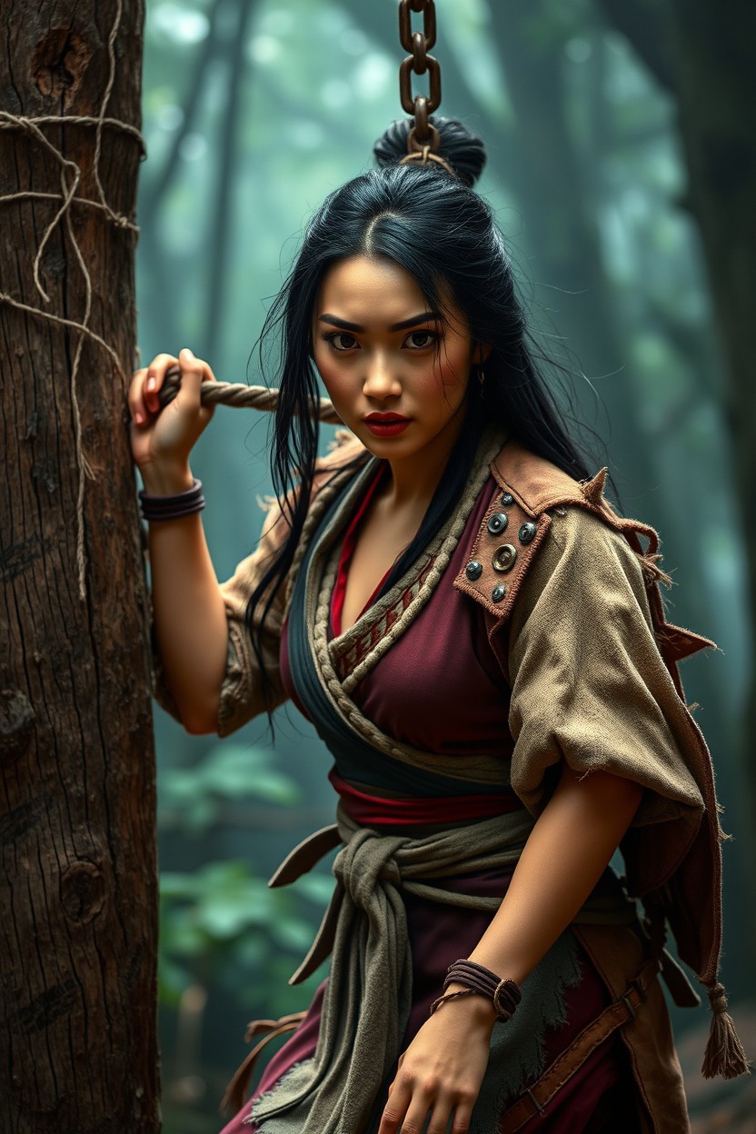 A dramatic and intense scene featuring the Disney character Mulan, embodying strength and resilience