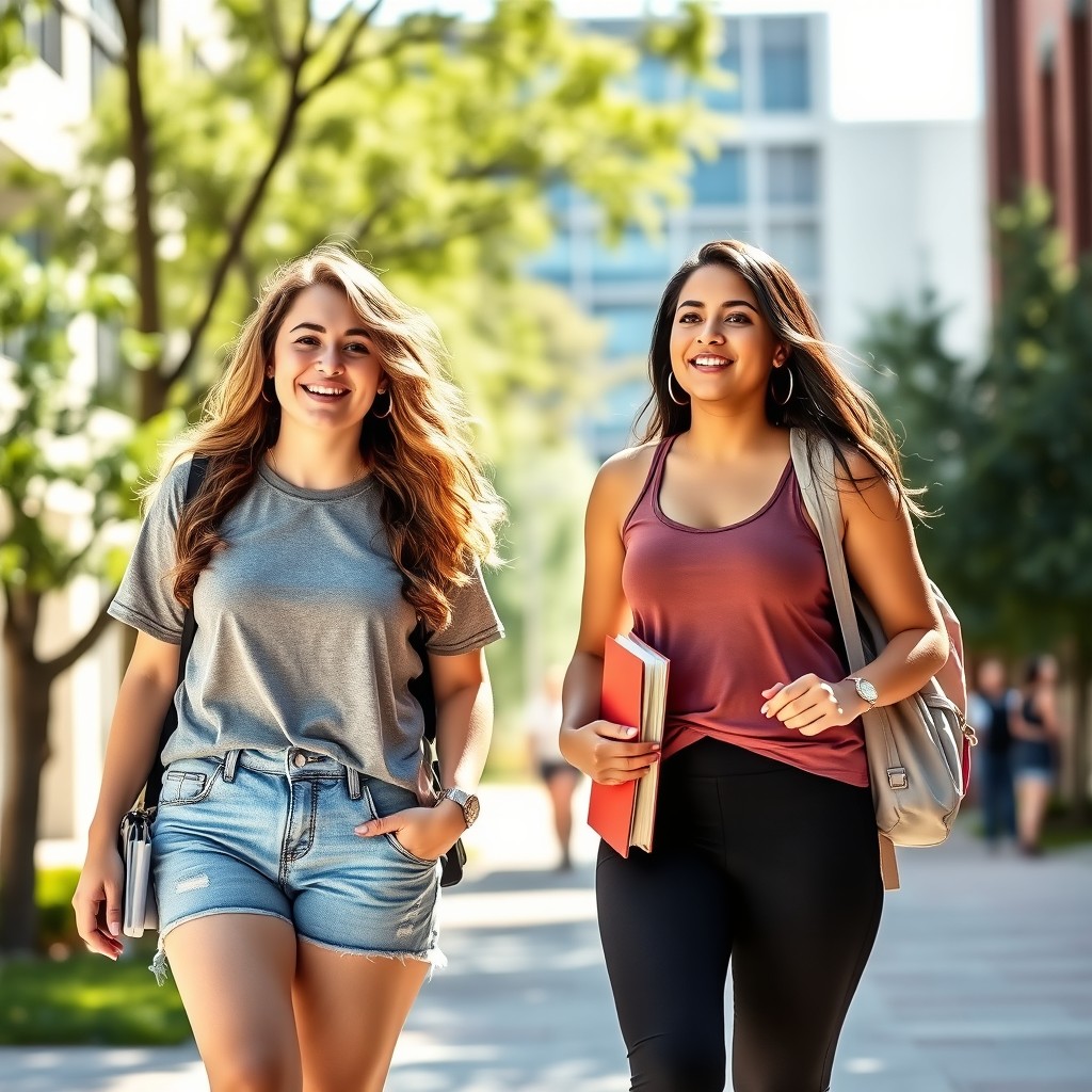 Two curvy young women in casual college attire, one white and the other Latina, walking together on a vibrant campus