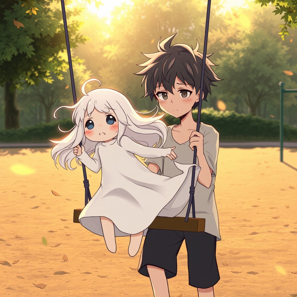 A melancholic anime illustration featuring a sad boy with short, messy hair and a wistful expression, gently pushing a cheerful ghost girl with flowing, translucent hair on a swing