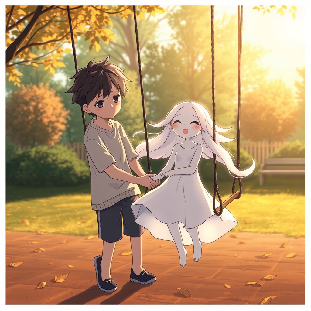 A melancholic anime illustration featuring a sad boy with short, messy hair and a wistful expression, gently pushing his happy ghost girlfriend on a swing