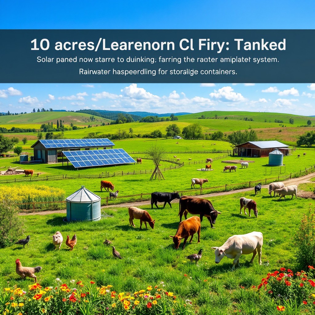 A picturesque 10-acre regenerative animal-based farm, showcasing diverse livestock such as chickens, cows, and sheep grazing lush green pastures