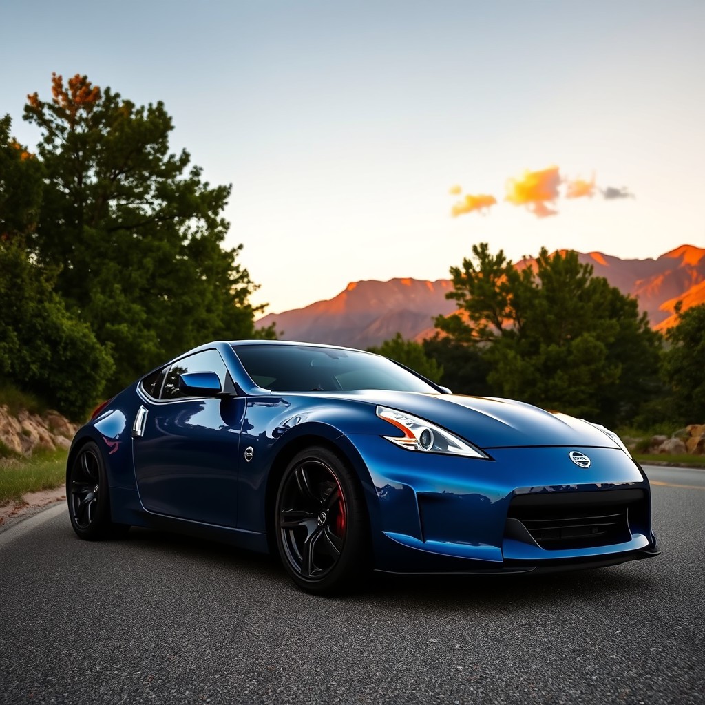 A Nissan 350Z parked on a scenic mountain road during sunset, showcasing its sleek, aerodynamic design
