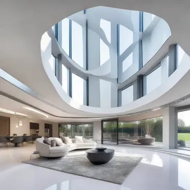 The modern architectural masterpiece features a stunning interior with lyophilized panels, creating a futuristic and elegant atmosphere.