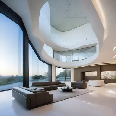 The modern architectural masterpiece features a stunning interior with lyophilized panels, creating a futuristic and elegant atmosphere.
