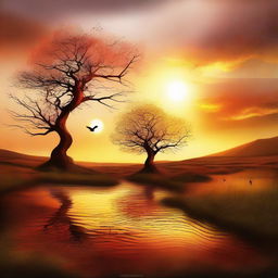 Create an abstract image depicting a surreal and imaginative interpretation of a nature scenery at sunset.