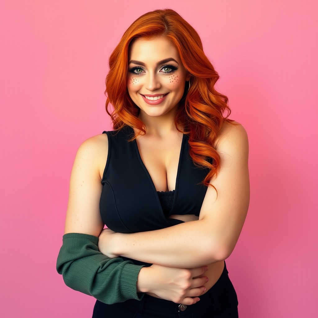 A beautiful, extremely curvy redhead woman with an hourglass figure, adorned with playful freckles and captivating green eyes