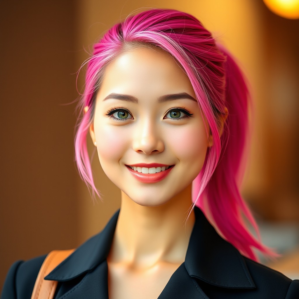 A beautiful 30-year-old Asian woman with realistic pink ponytail hairstyle and striking green eyes, set against a softly blurred background