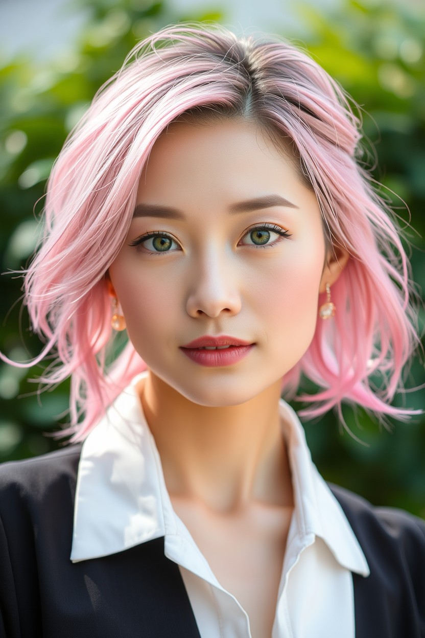 A beautiful 40-year-old Asian woman with loose pink hair and striking green eyes