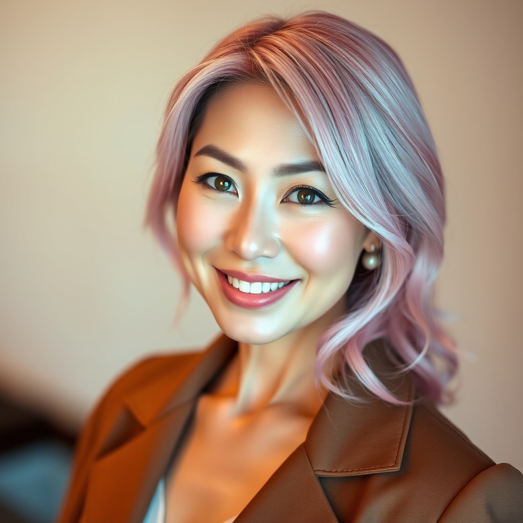 A beautiful 40-year-old Asian woman with loose pink hair and green eyes, exuding elegance and maturity