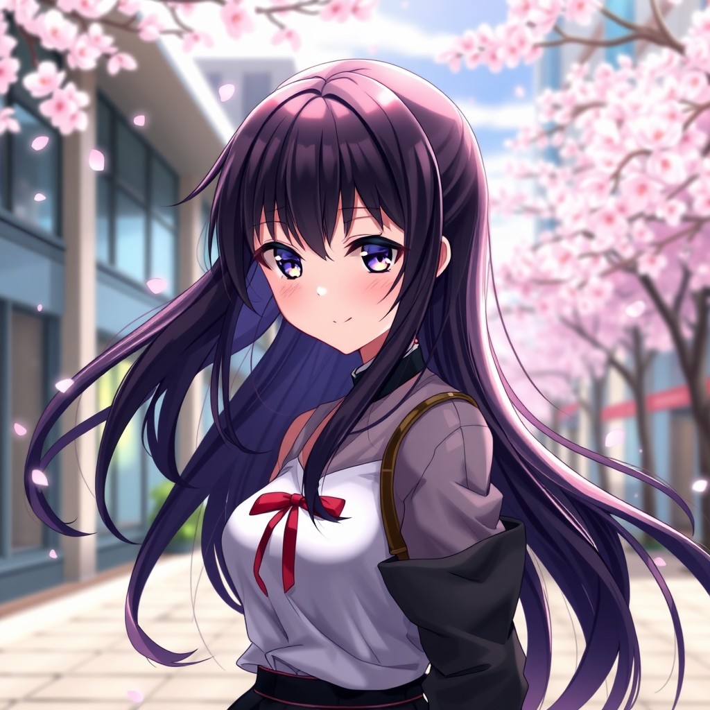A stunning anime portrait of Mai Sakurajima, a beautiful girl with long, flowing dark hair and striking eyes, wearing a fashionable outfit that complements her character