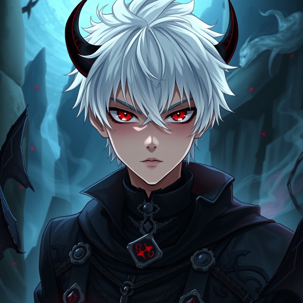 A striking anime boy with stark white hair and piercing red eyes, embodying a demonic aesthetic