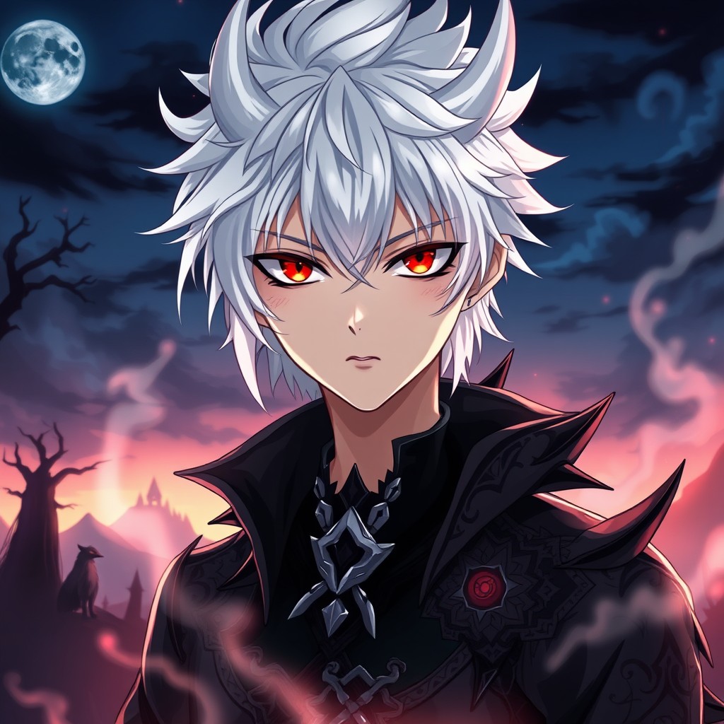 A striking anime boy with stark white hair and piercing red eyes, exhibiting a demonic aura