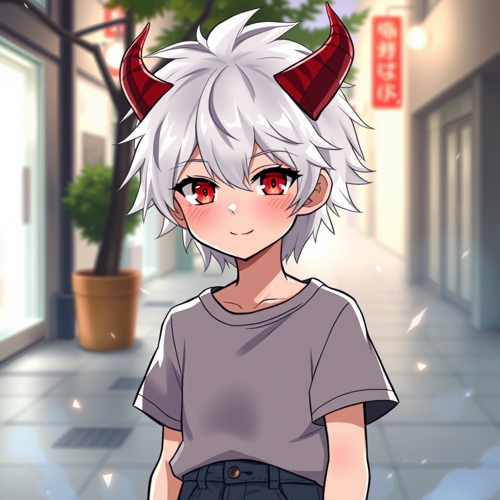 An anime boy with striking white hair and piercing red eyes, resembling a normal boy despite his demonic attributes