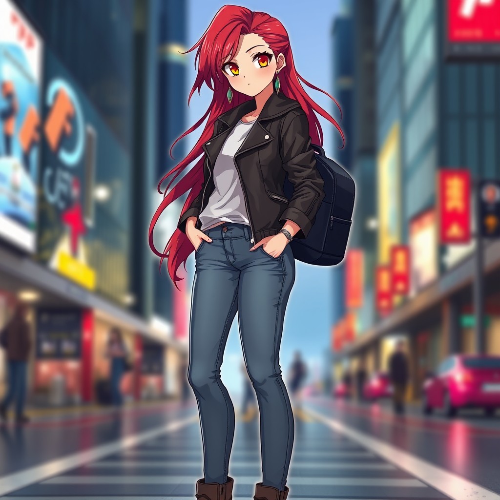 A full body portrait of an anime female character inspired by Guy Crimson, designed in modern stylish clothing