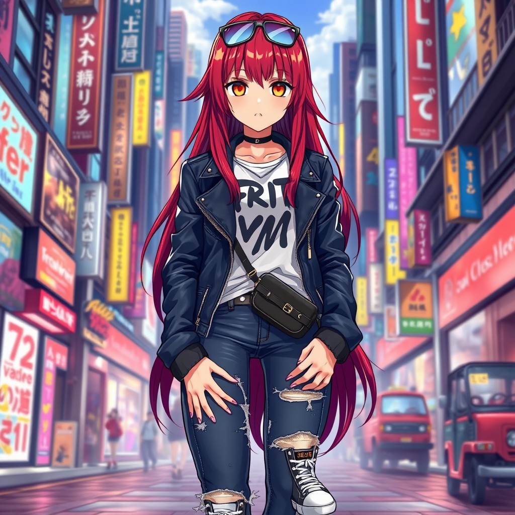 A full body portrait of an anime female character inspired by Guy Crimson, dressed in contemporary fashionable clothing