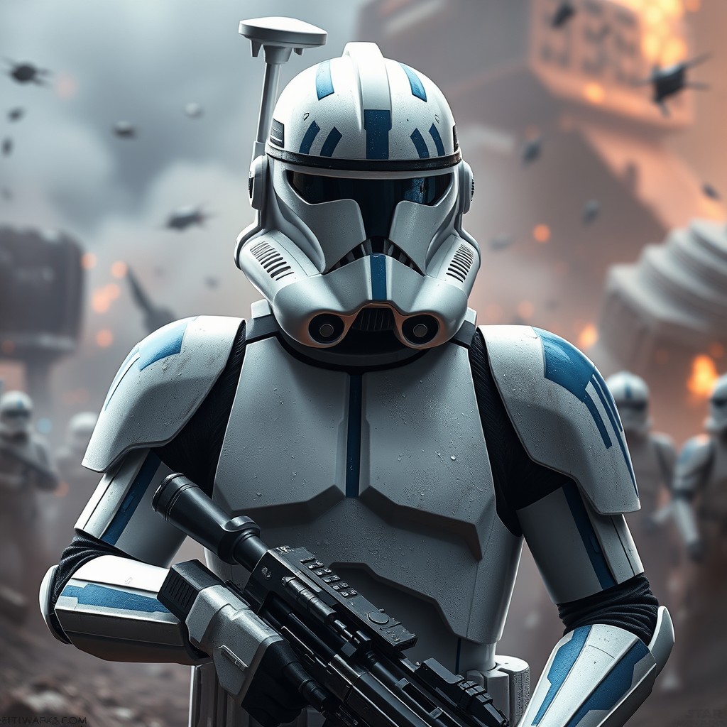A highly detailed and dynamic portrait of a Clone Trooper from the Star Wars universe, wearing distinctive white armor with blue markings, showcasing battle gear that includes a helmet with a visor, and equipped with a blaster rifle
