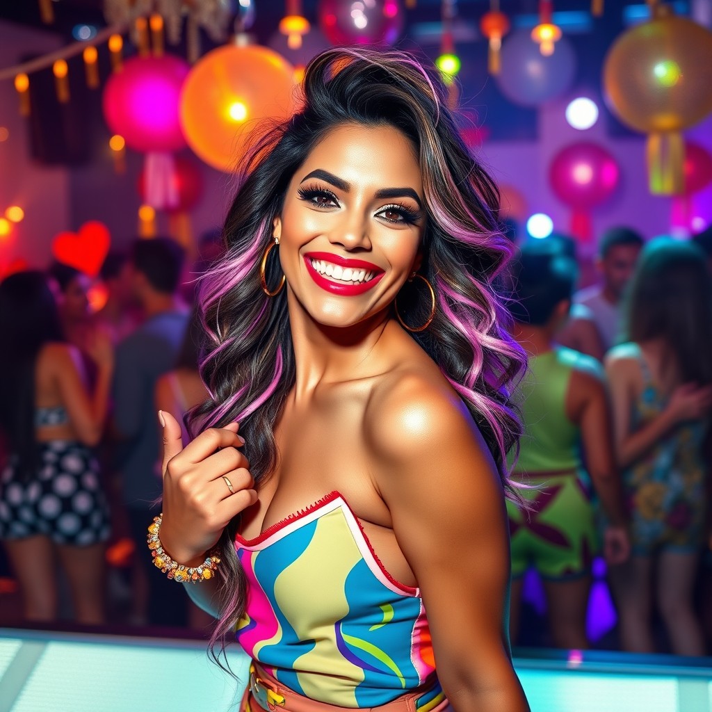 A vibrant and lively image of a Latina woman resembling Karol G, exuding a fun and party-ready vibe