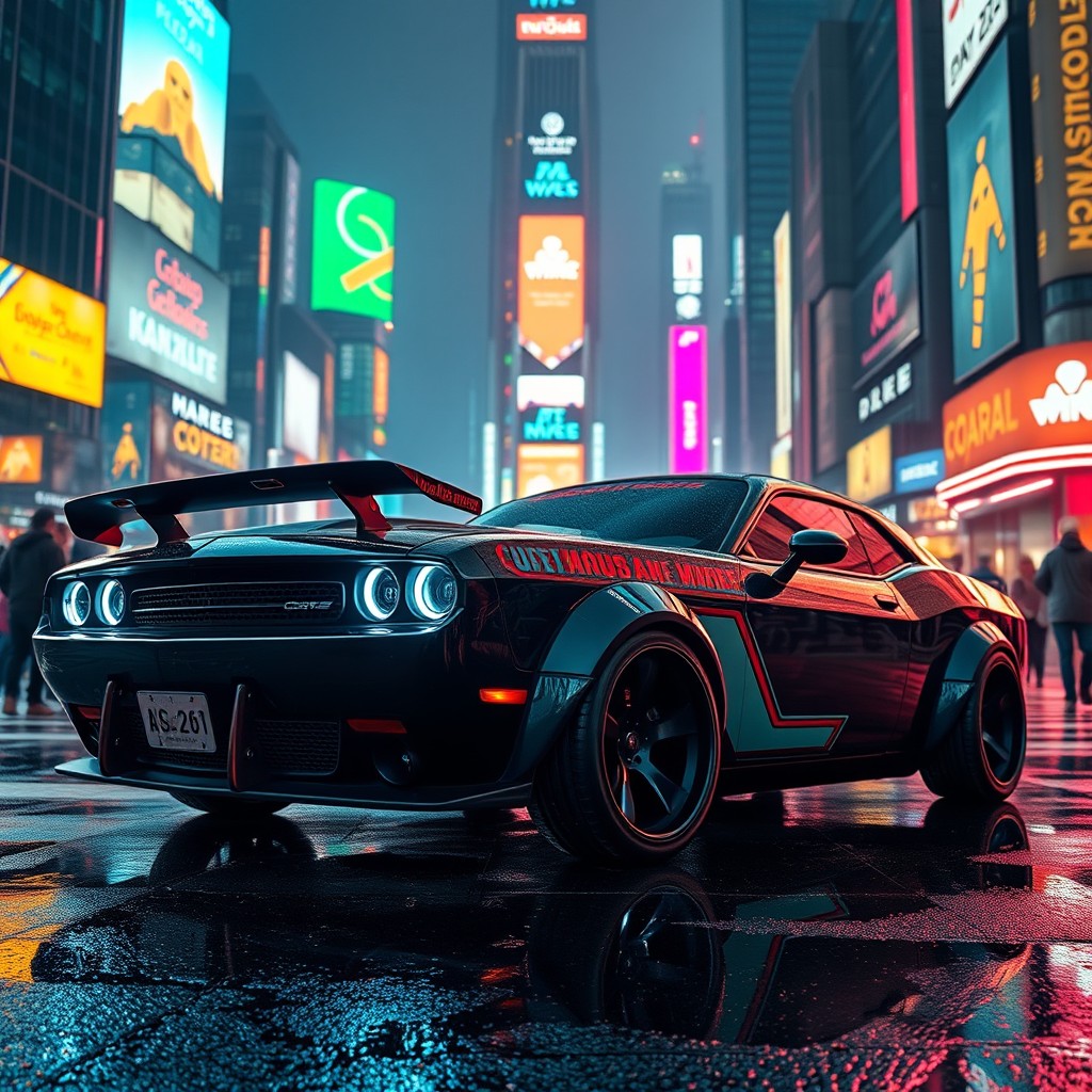 A futuristic cyberpunk Dodge Challenger, showcasing sleek, angular designs with glowing neon lights and holographic displays