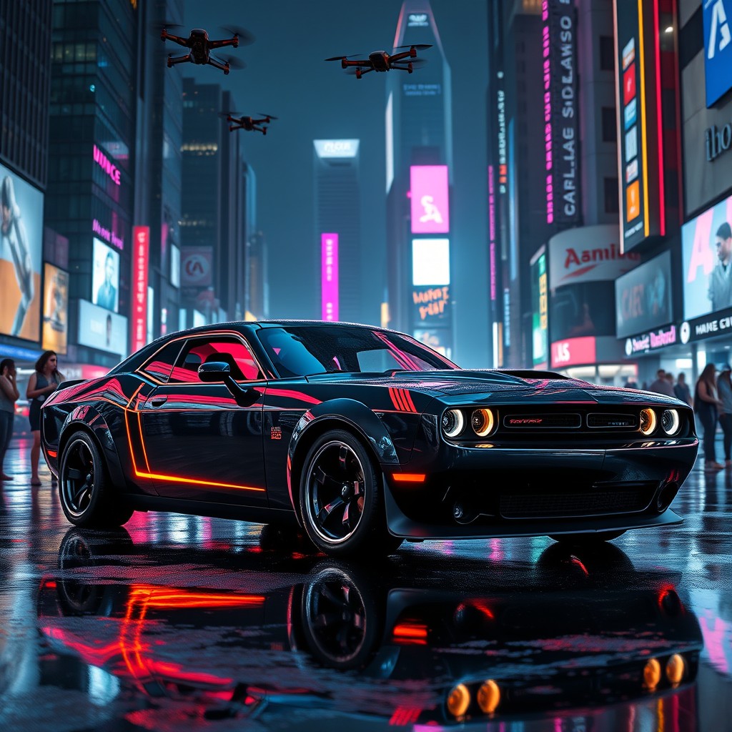 A sleek, futuristic Dodge Challenger transformed into a Cyberpunk style vehicle