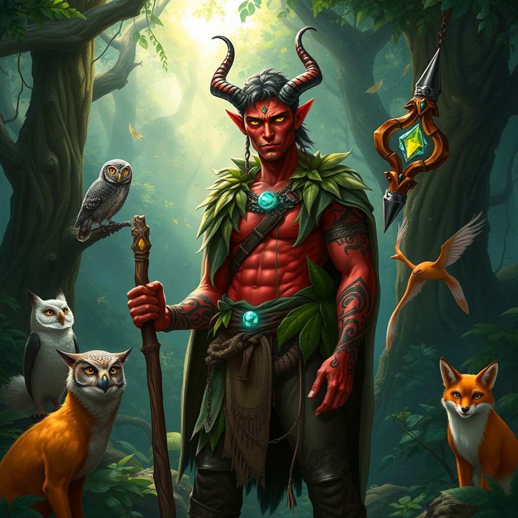 A male tiefling druid standing confidently in a lush, mystical forest