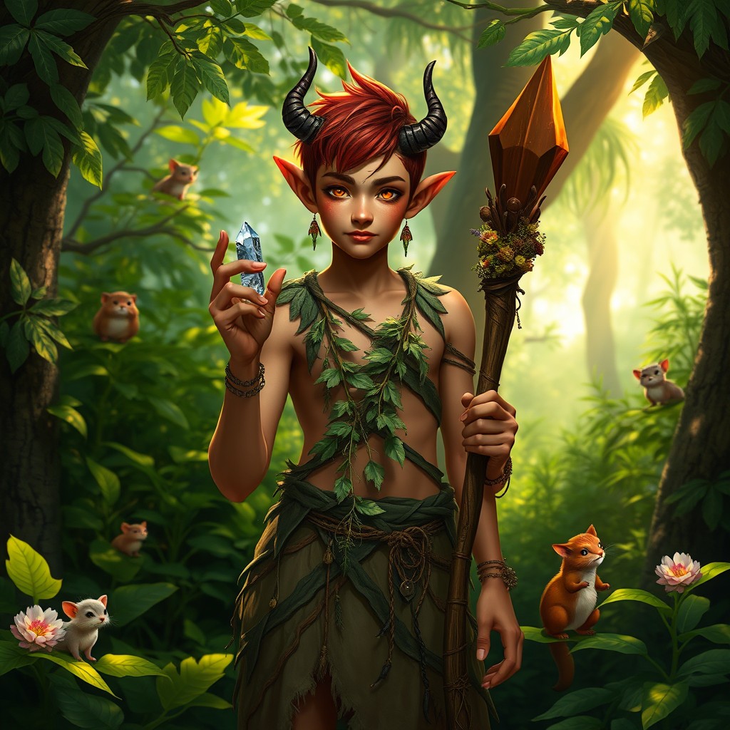A young male tiefling druid standing in a lush forest, surrounded by vibrant greenery and magical flora