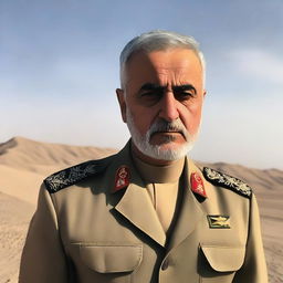 A portrait of Qasem Soleimani in military uniform, standing amidst a desert background beneath a calm sky.