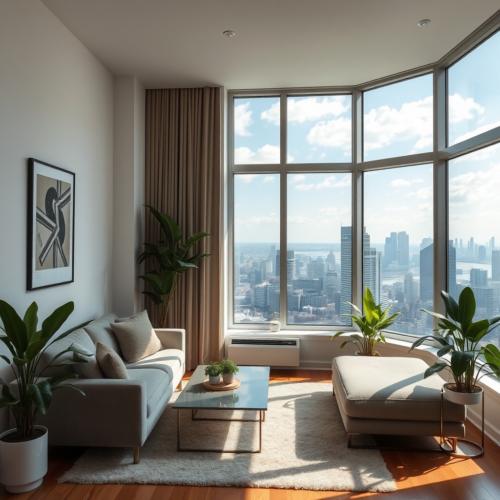A cozy and inviting interior of a modern apartment, featuring a sunlit living room with large windows, showcasing a beautiful view of the city skyline