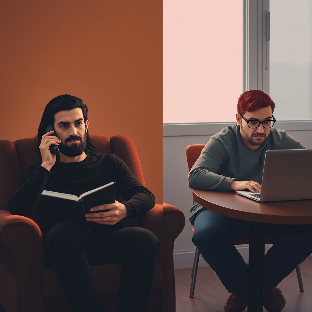 Two young men sitting in different rooms, communicating via loudspeaker on the phone