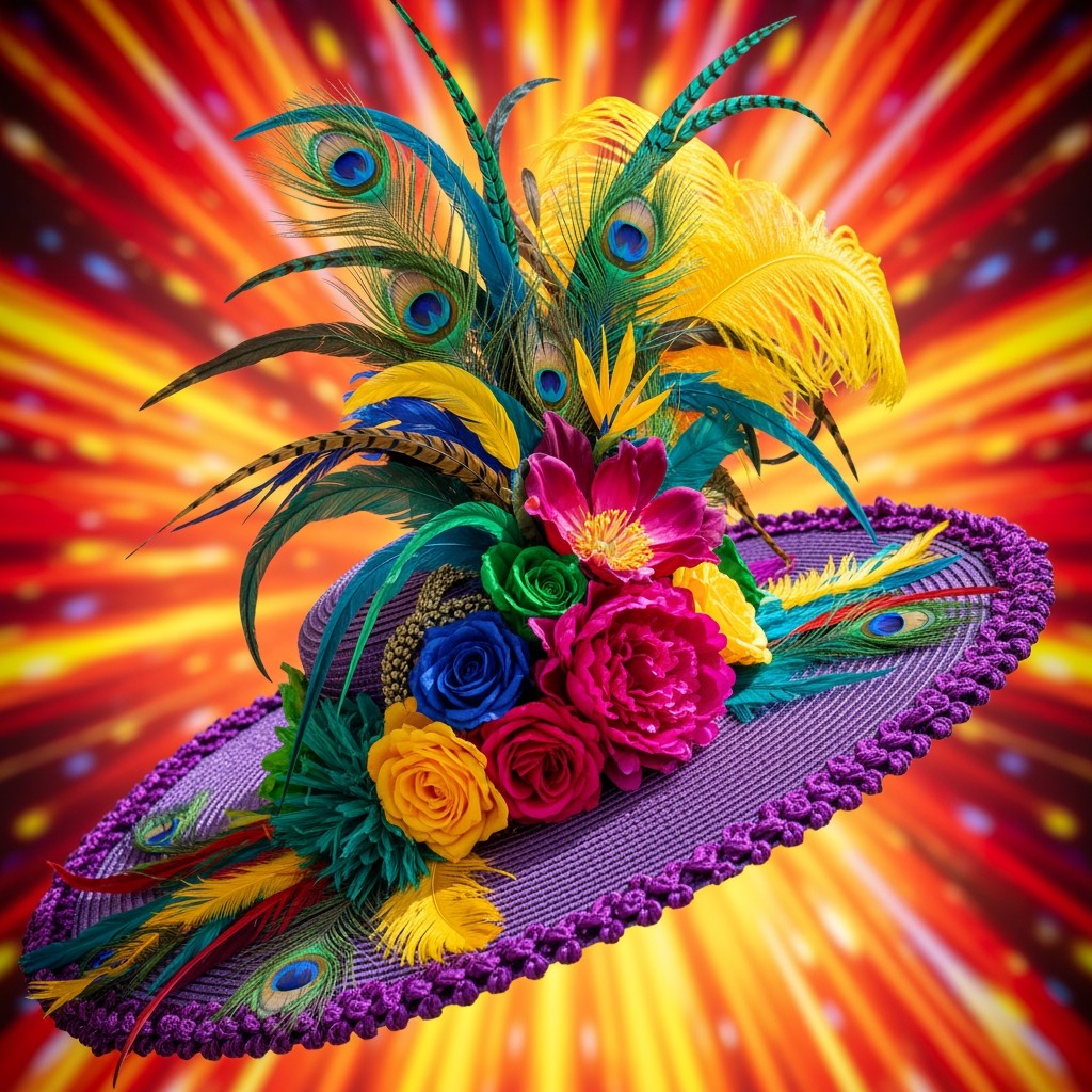 A large, extravagant hat adorned with colorful feathers and floral decorations, set against a vibrant background