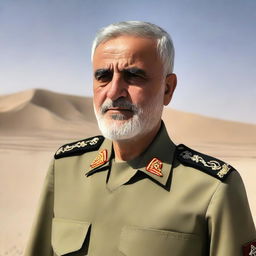 A portrait of Qasem Soleimani in military uniform, standing amidst a desert background beneath a calm sky.