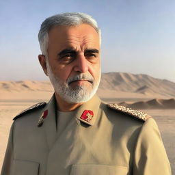 A portrait of Qasem Soleimani in military uniform, standing amidst a desert background beneath a calm sky.