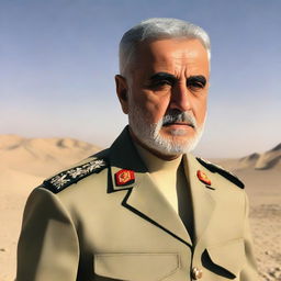 A portrait of Qasem Soleimani in military uniform, standing amidst a desert background beneath a calm sky.