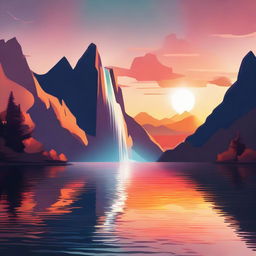 An abstract representation of a sunset over a tranquil lake, with a cascading waterfall and towering mountain in the background