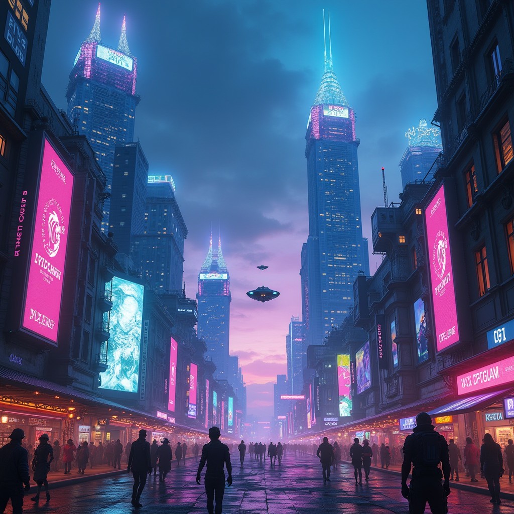 A vibrant cyberpunk cityscape at night, illuminated by neon lights in shades of blue, pink, and purple, showcasing towering skyscrapers with futuristic architecture