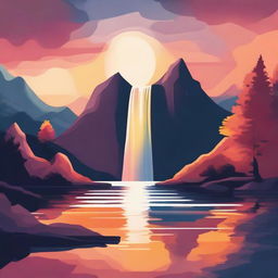 An abstract representation of a sunset over a tranquil lake, with a cascading waterfall and towering mountain in the background