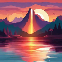 An abstract representation of a sunset over a tranquil lake, with a cascading waterfall and towering mountain in the background